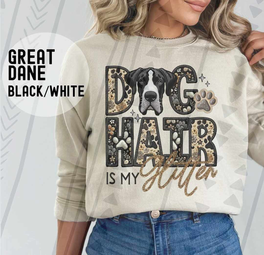 Black/ white Great Dane Dog hair is my glitter 79517 DTF transfer