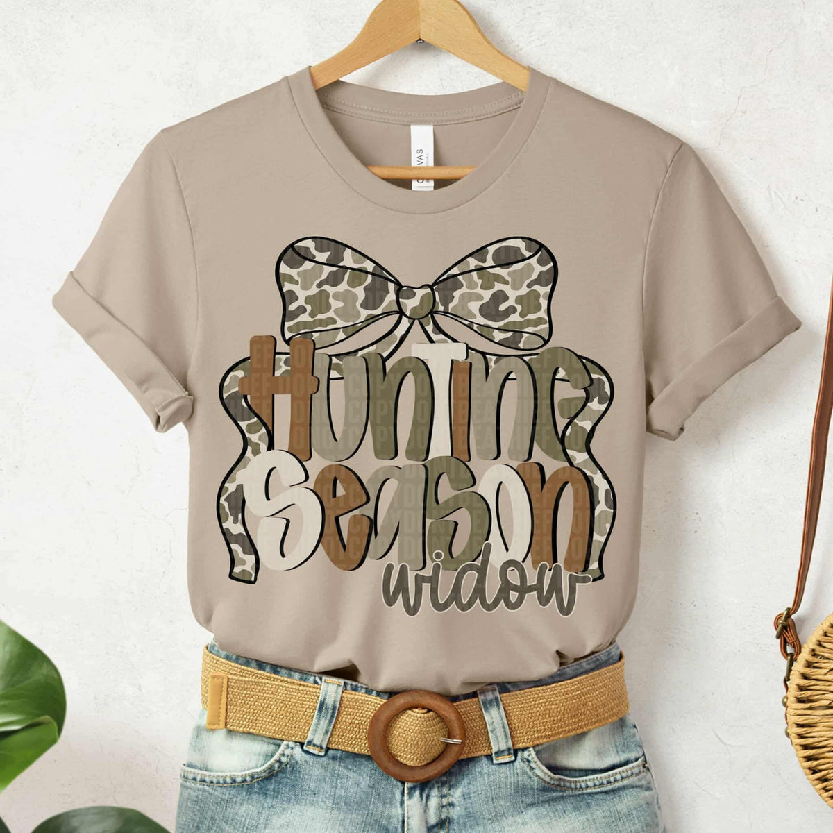 Hunting season widow camo bow brown, cream, green lettering SDD DTF transfer