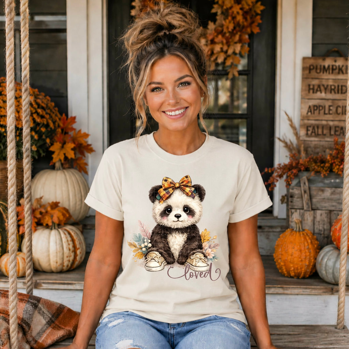Loved fall panda with fall bow and shoes (SDD) DTF Transfer