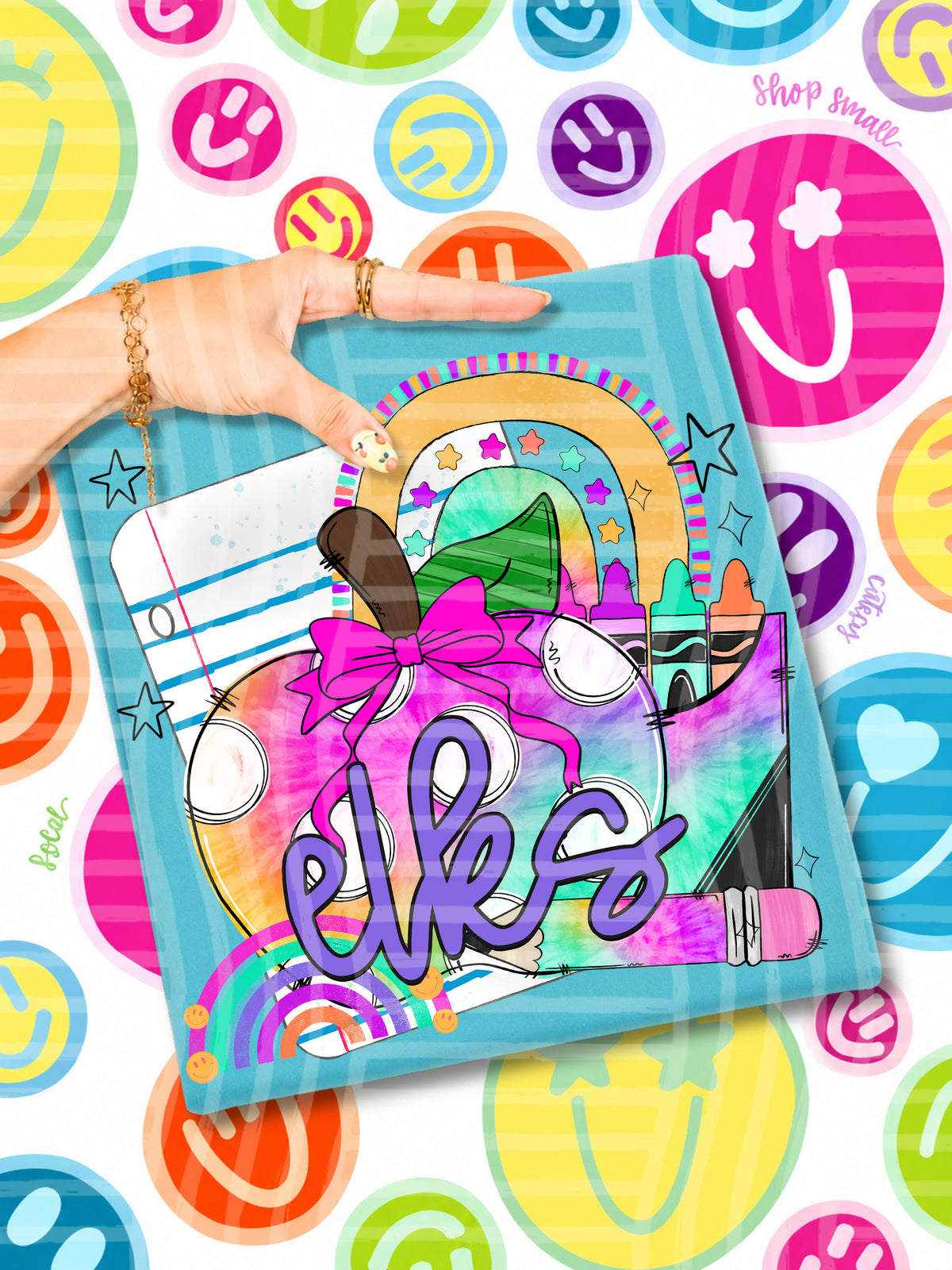 elks tie dye apple with white dots and school stuff (CAPLINGER) DTF Transfer