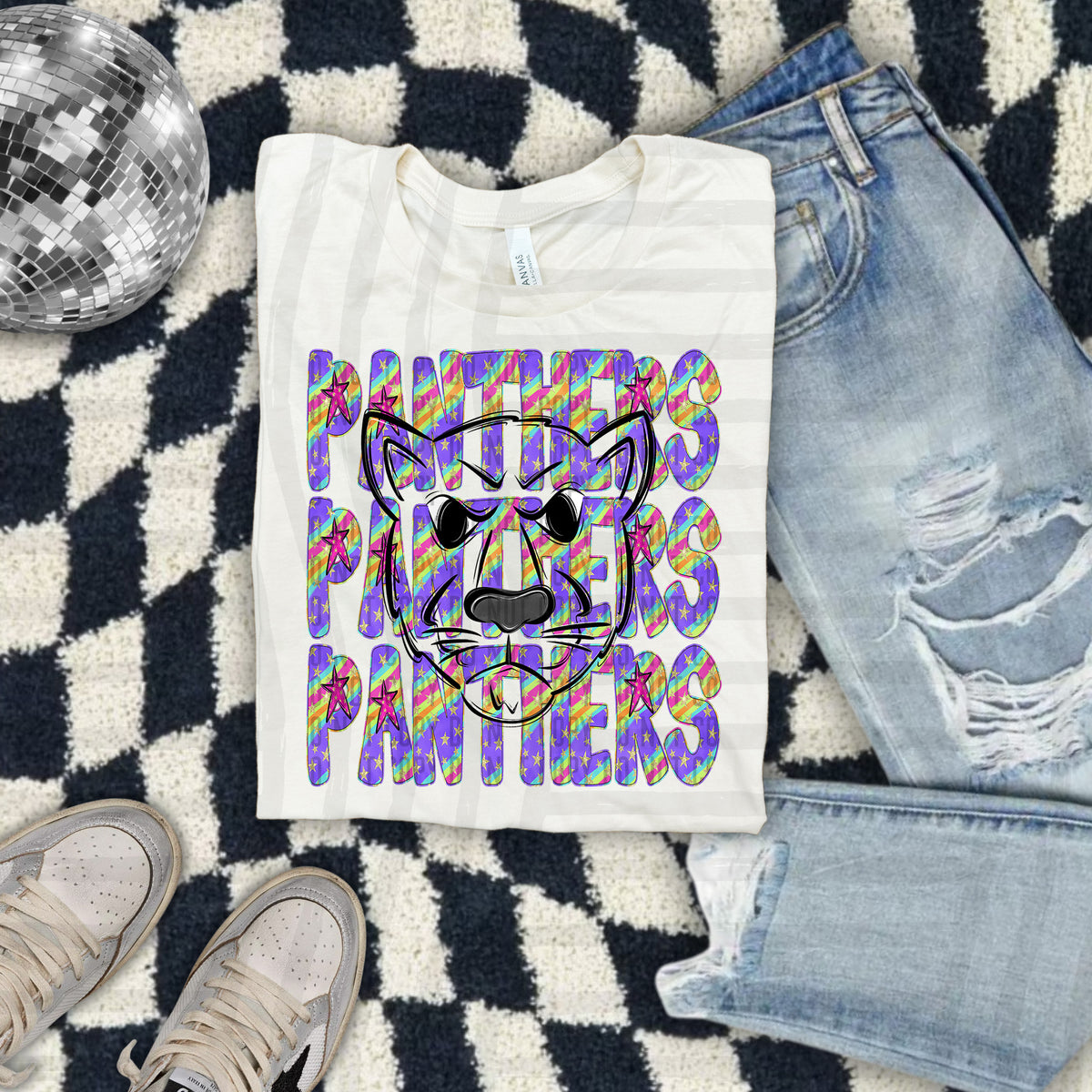 Panthers Colorful Word Stacked With Stars 108587 DTF Transfer