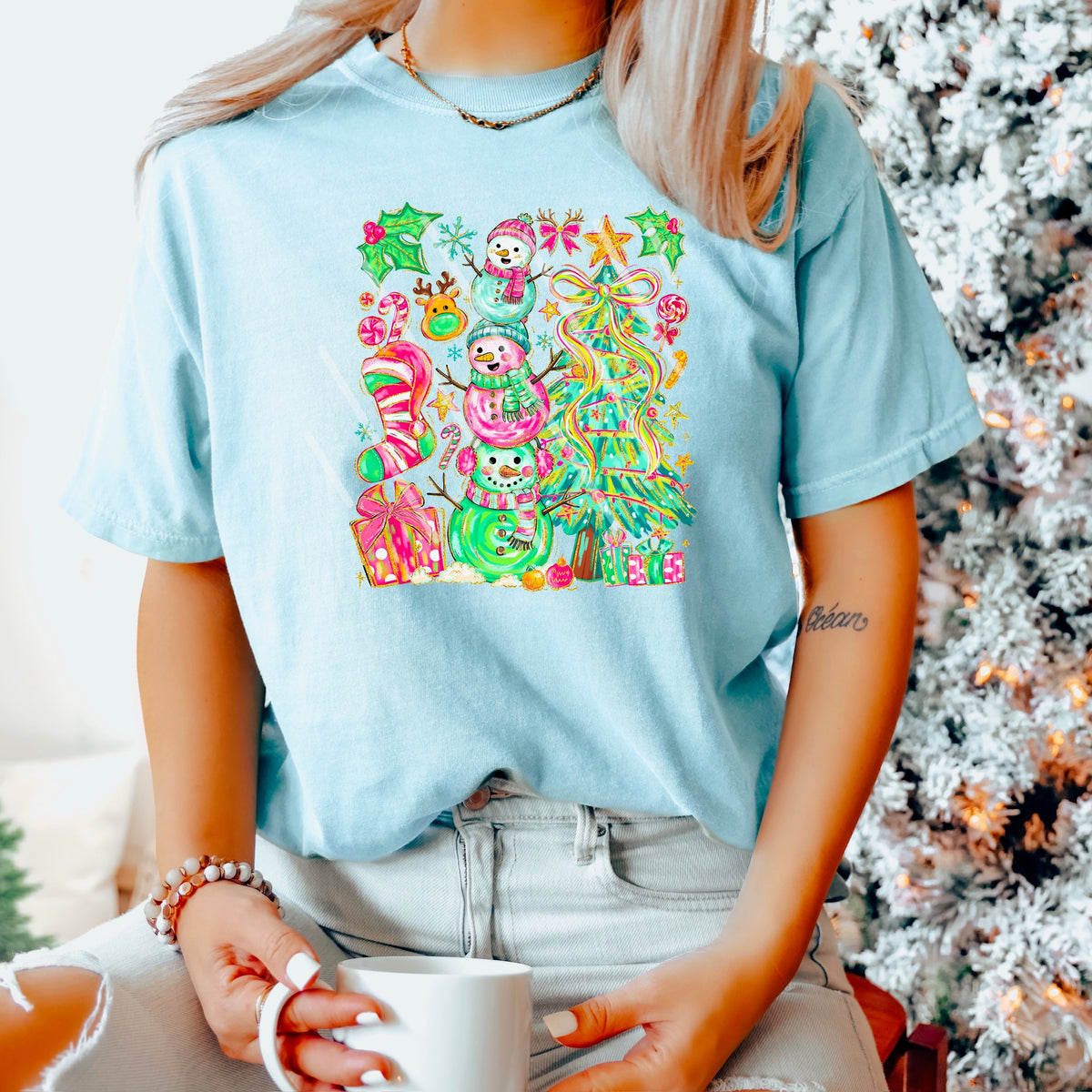 Rainbow snowmen, tree, stocking, and holly 113662 DTF Transfer