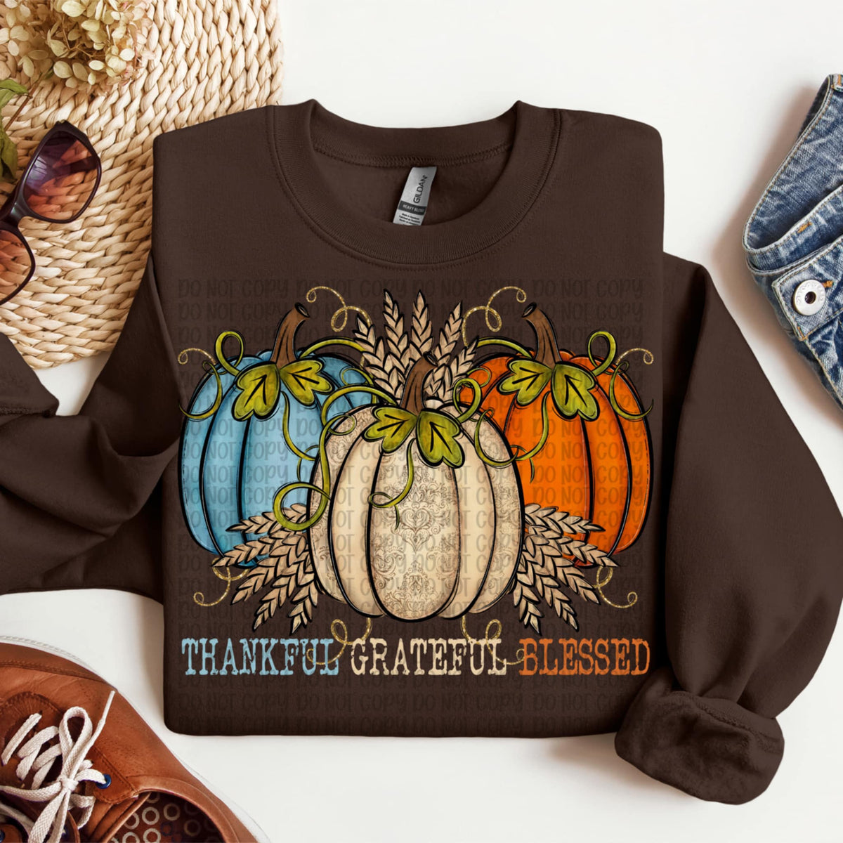 Thankful Grateful Blessed Pumpkins orange and blue VP DTF transfer