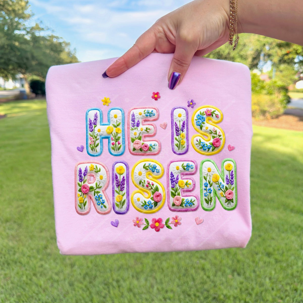 He is risen faux embroidery floral letters DTF Transfer