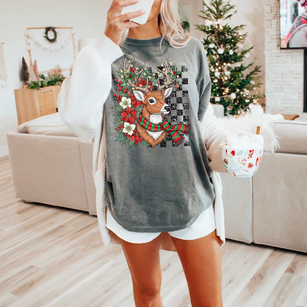 Reindeer with florals and checker 115101 DTF Transfer