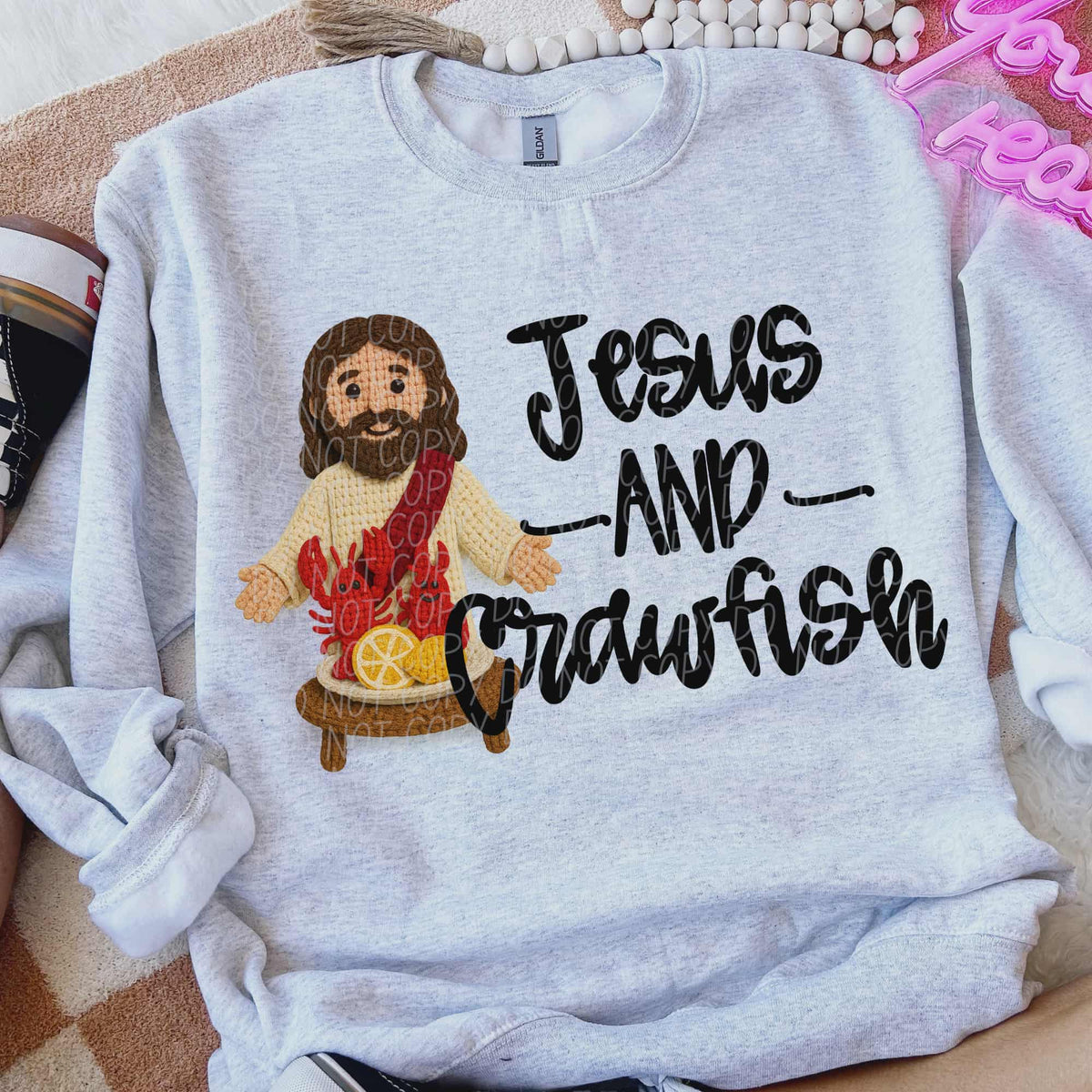 Jesus and crawfish black words faux yarn (city) DTF Transfer