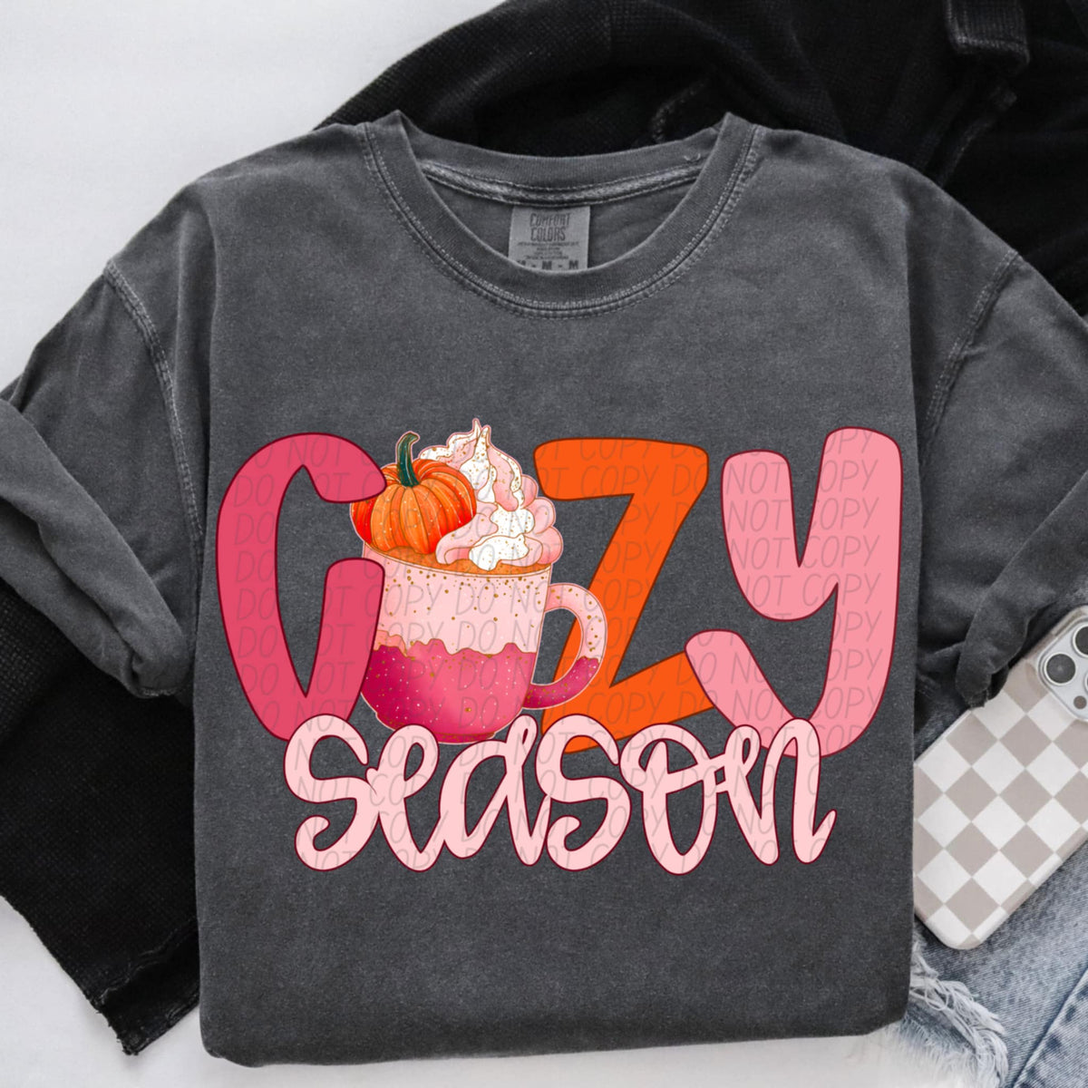 Cozy season bubble font with mug (City) DTF transfer