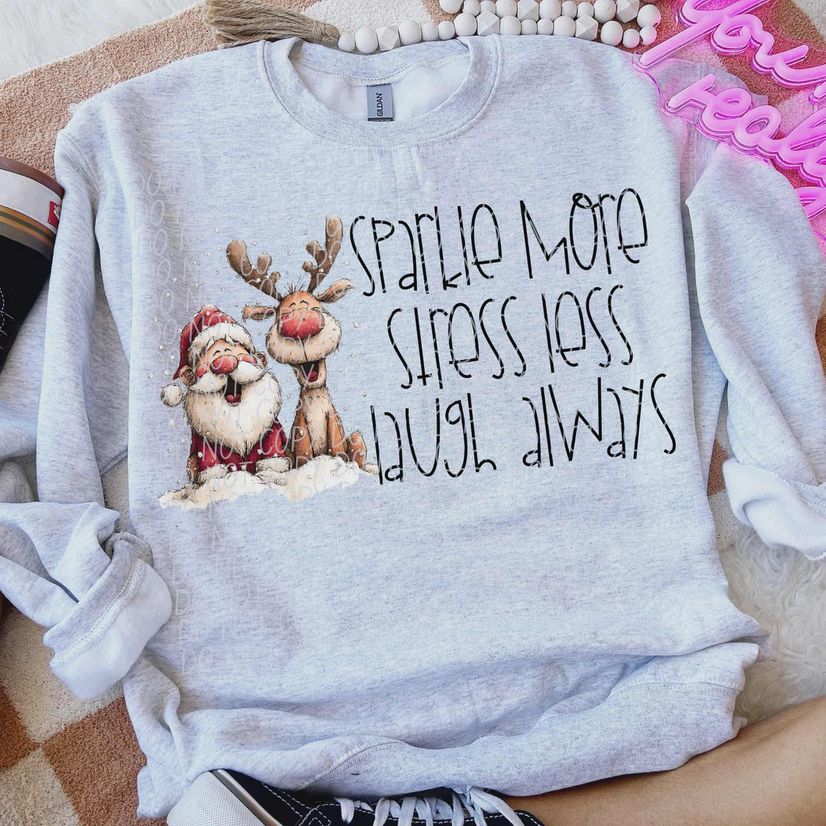 Sparkle More reindeer and Santa (black text) (city) DTF transfer