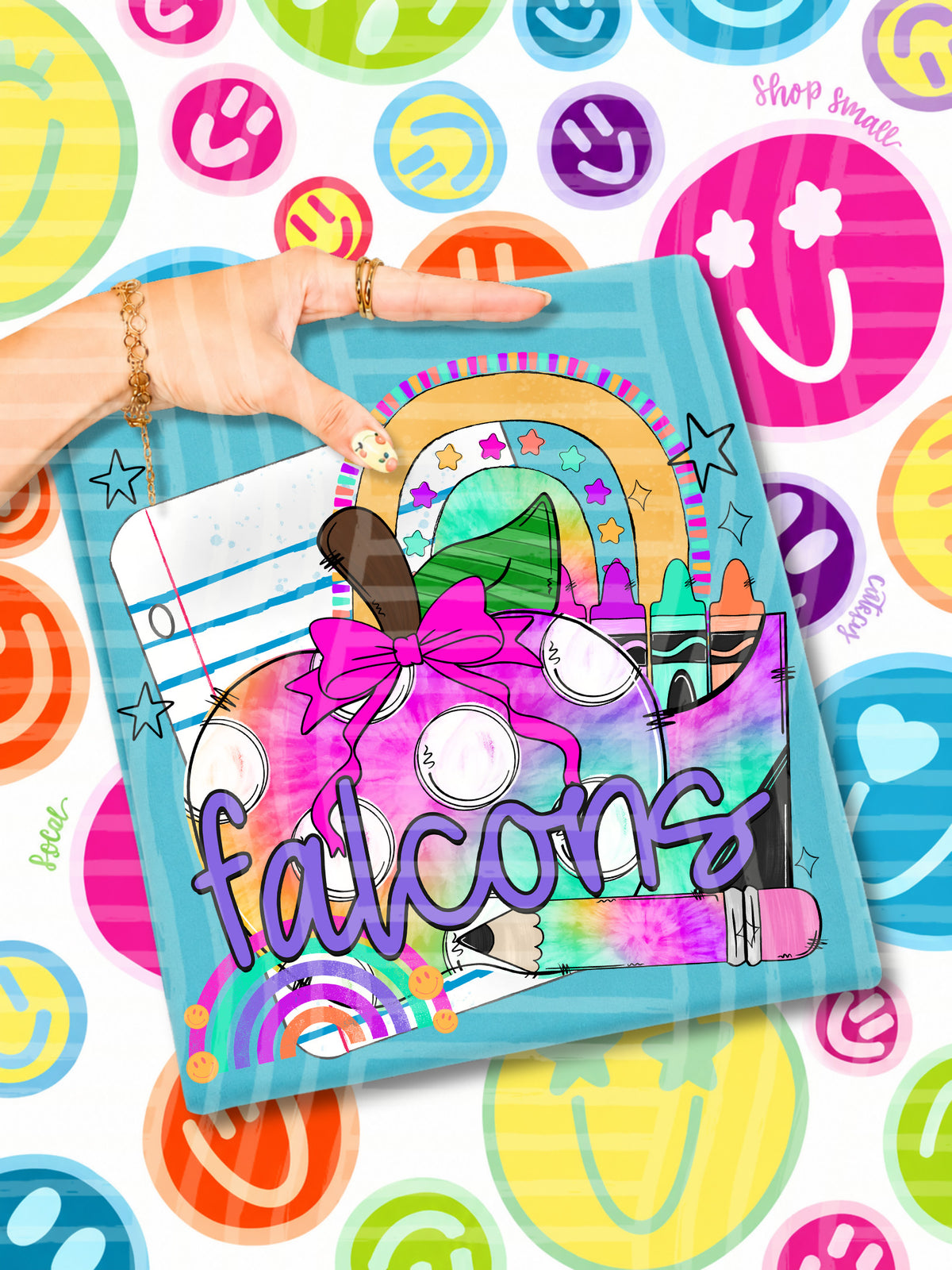 falcons tie dye apple with white dots and school stuff (CAPLINGER) DTF Transfer