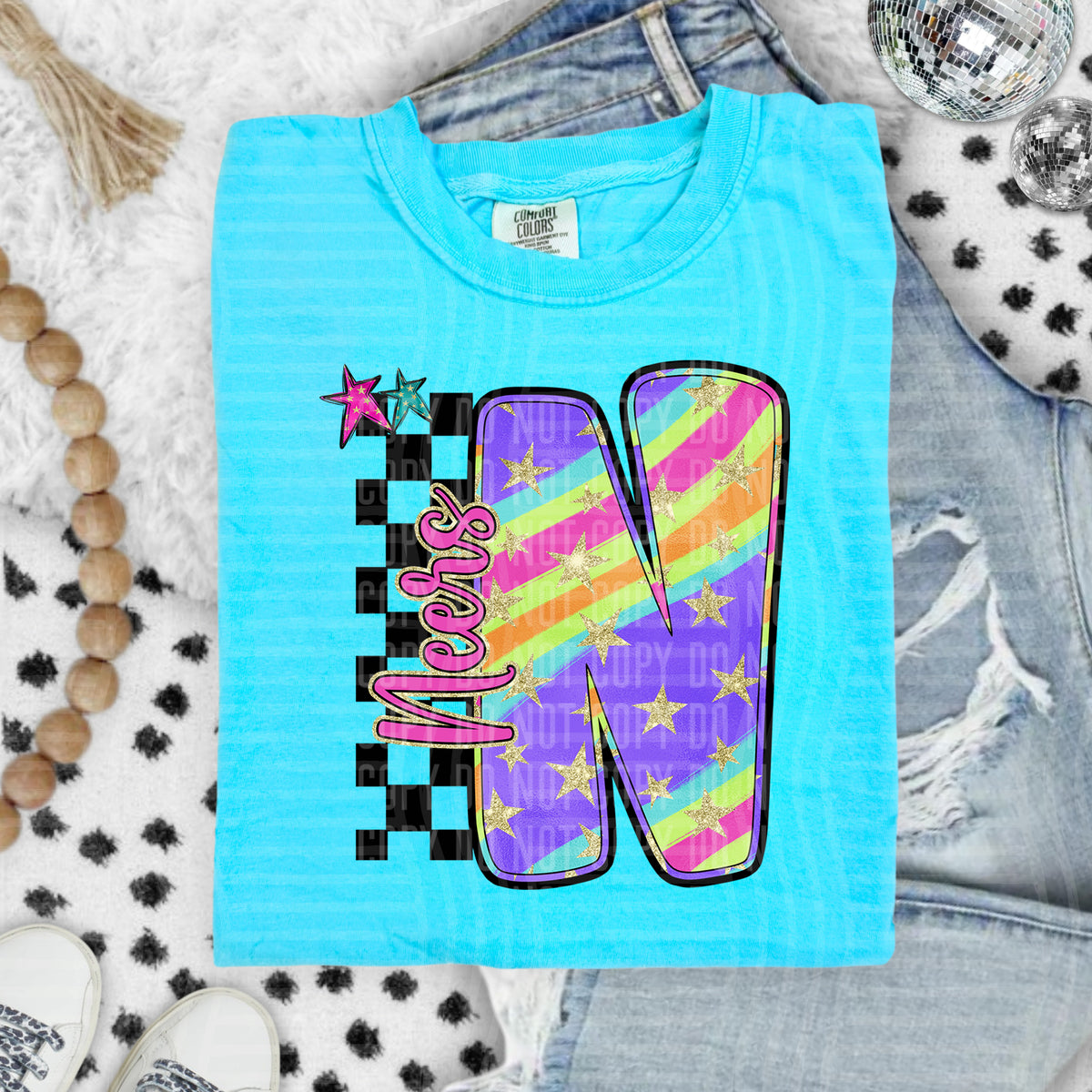 Neers Colorful Retro Rainbow Letter N With Stars And Checker 108131 DTF transfer