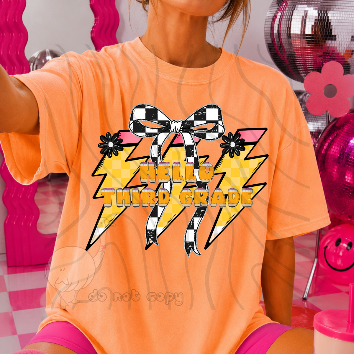 hello third grade 46 lightening bolt black/white bow occupation (dkdbk) DTF transfer