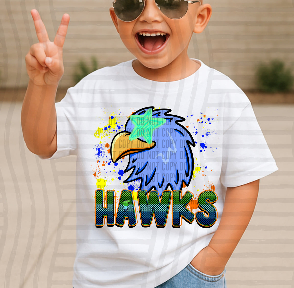 hawks paint splatter boy blue green and yellow (Caplinger) DTF Transfer