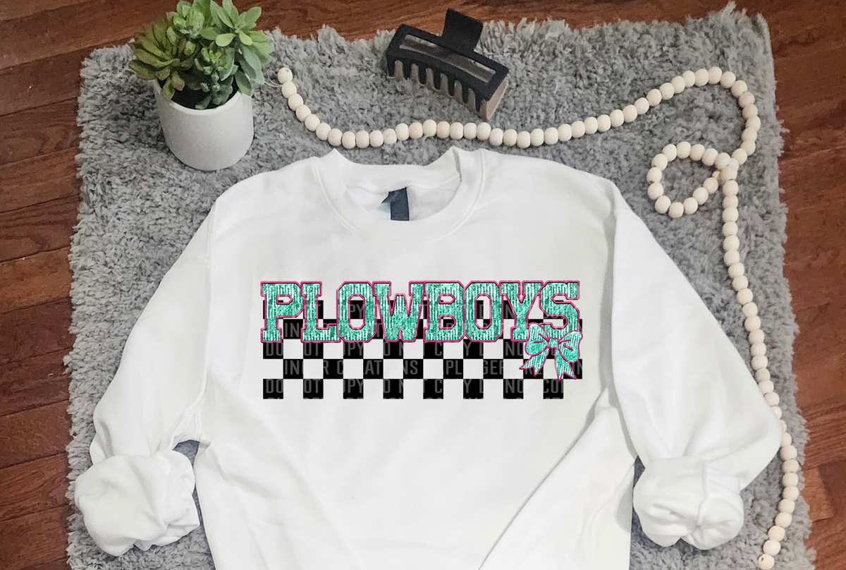 Turquoise And Pink Faux Embroidery Plowboys 74105 DTF Transfer