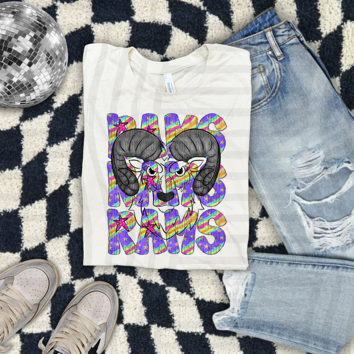 Rams Black Filled Horns Colorful Word Stacked With Stars 108588 DTF Transfer