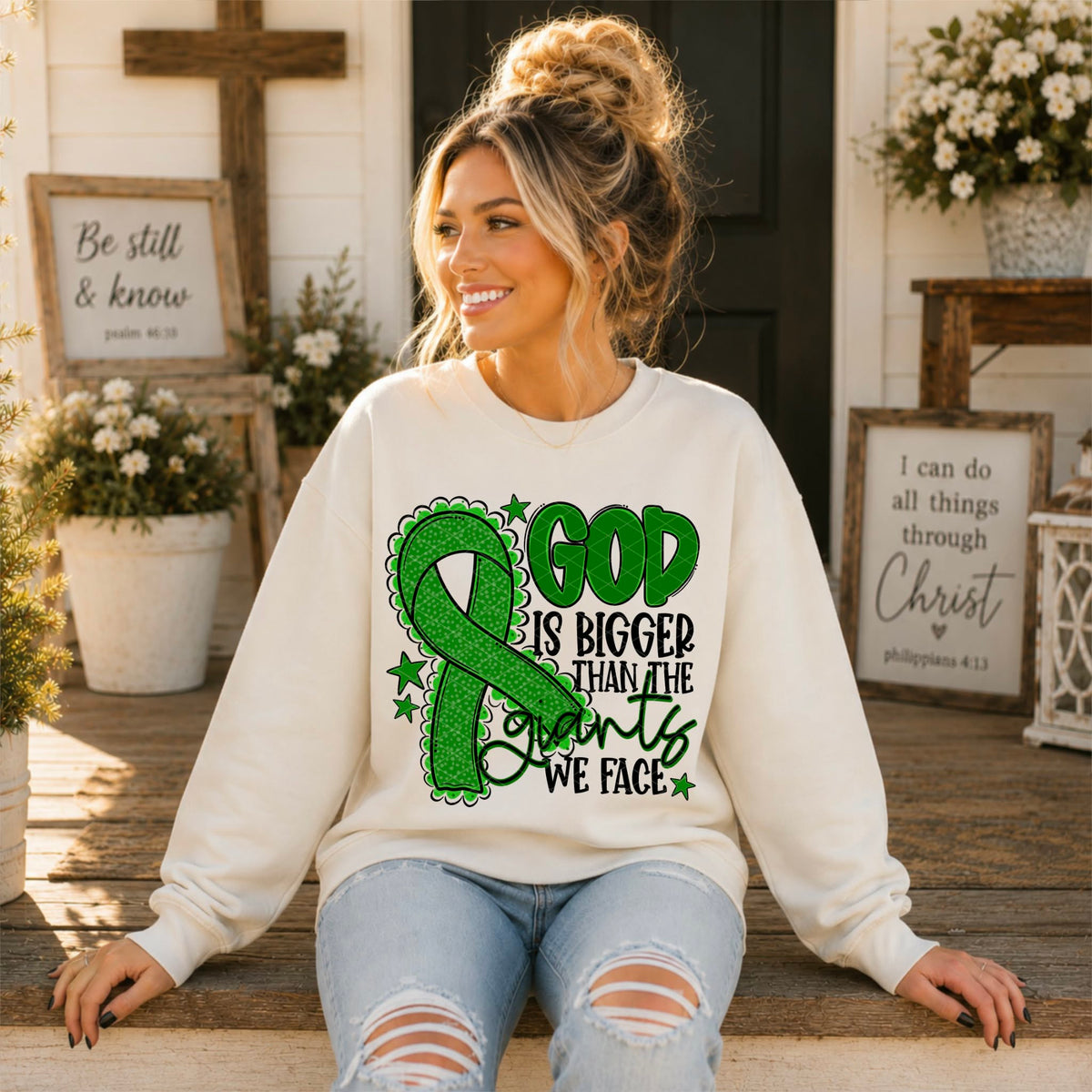 God is bigger than the giants we face GREEN  ribbon (SDD) DTF Transfer