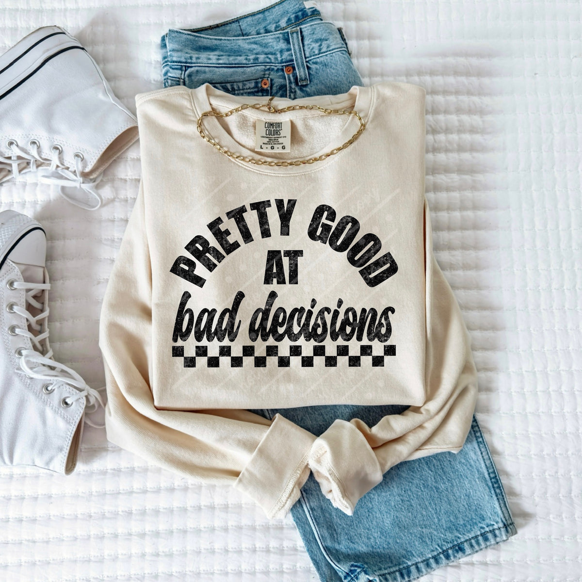 Pretty good at bad decisions black (scarlow) DTF transfer