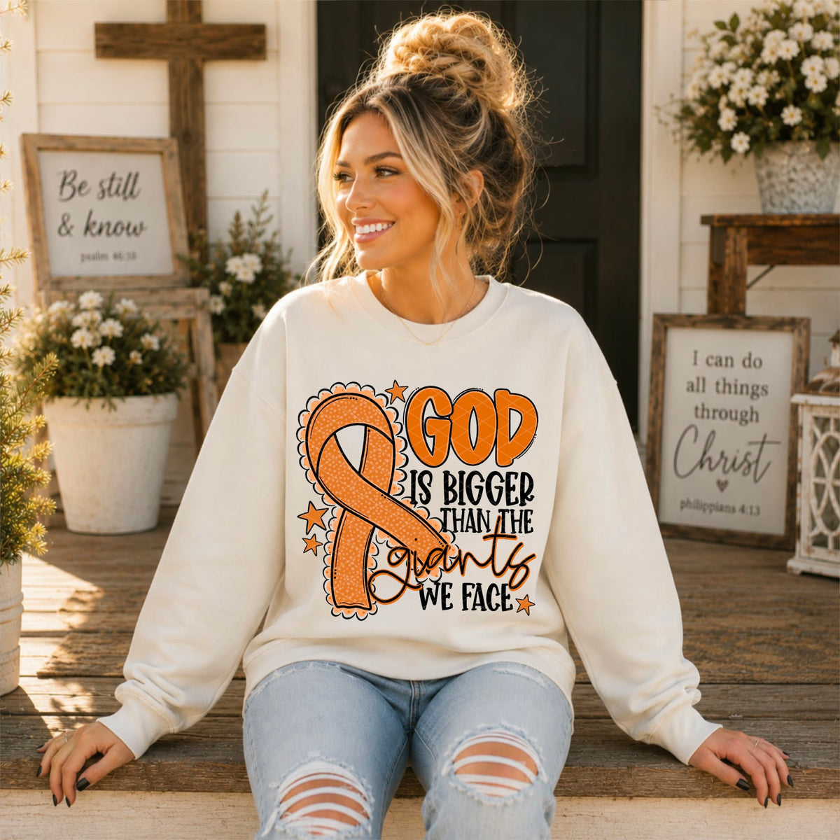 God is bigger than the giants we face ORANGE  ribbon (SDD) DTF Transfer