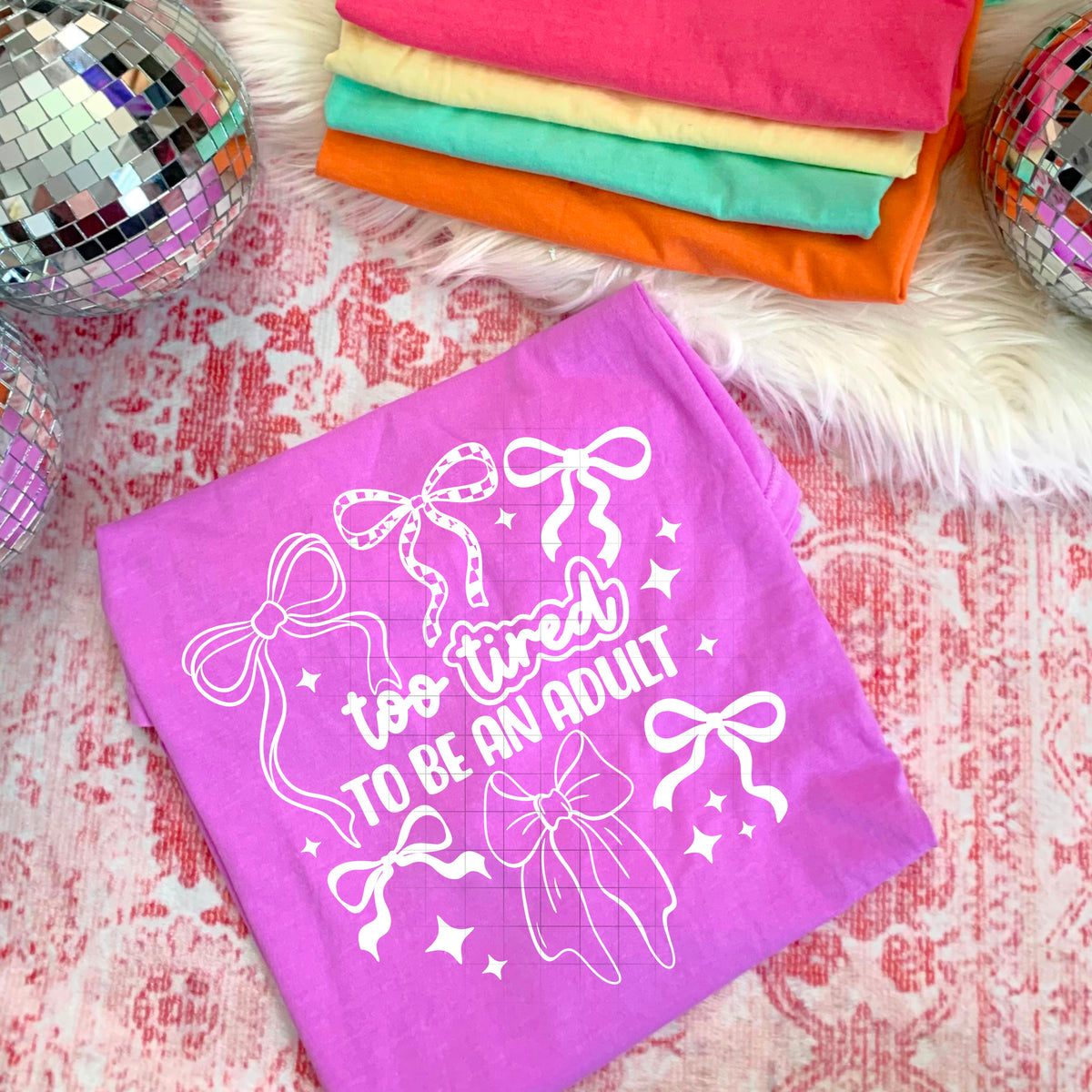 Too Tired to be an adult bows WHITE (csc) DTF transfer