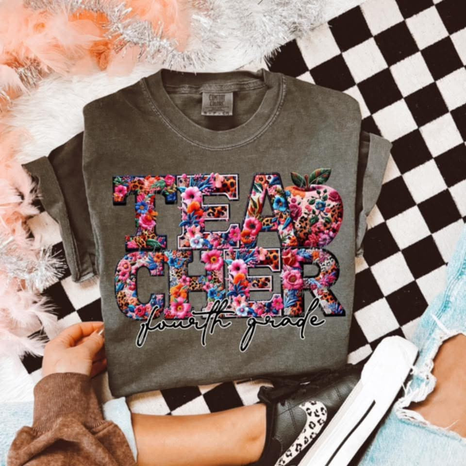 Teacher fourth grade floral and leopard 96041 DTF transfer