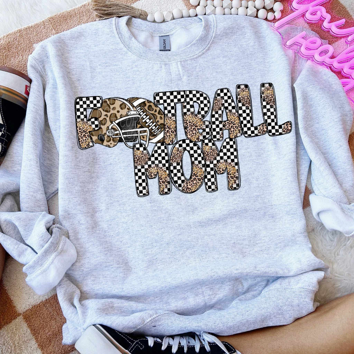 Football mom leopard and checkered font city DTF transfer