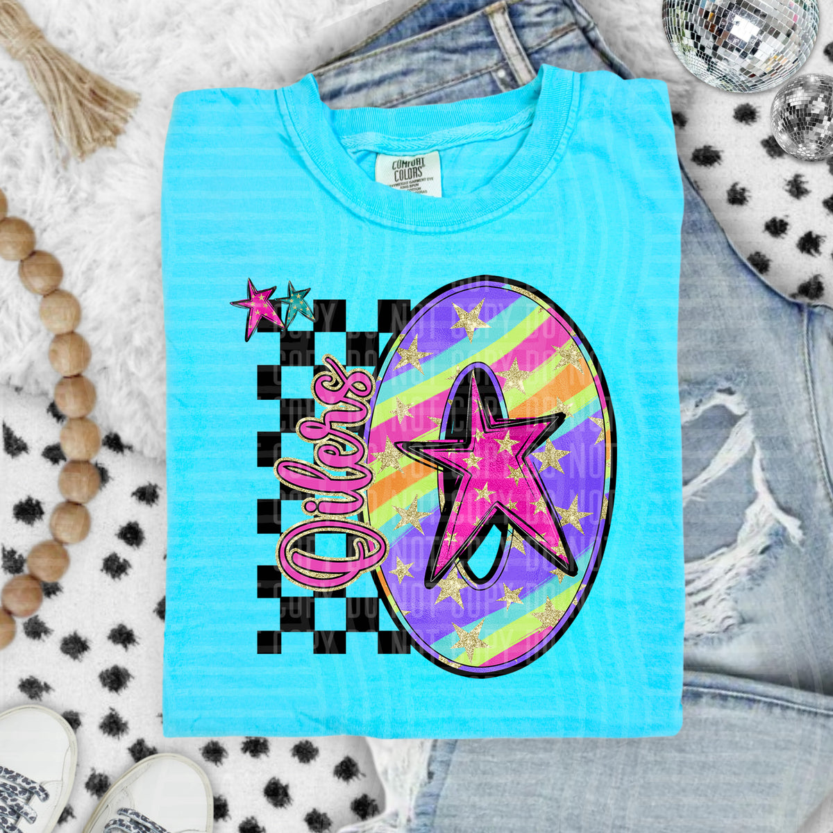 Oilers Colorful Retro Rainbow Letter O With Stars And Checker 108132 DTF transfer