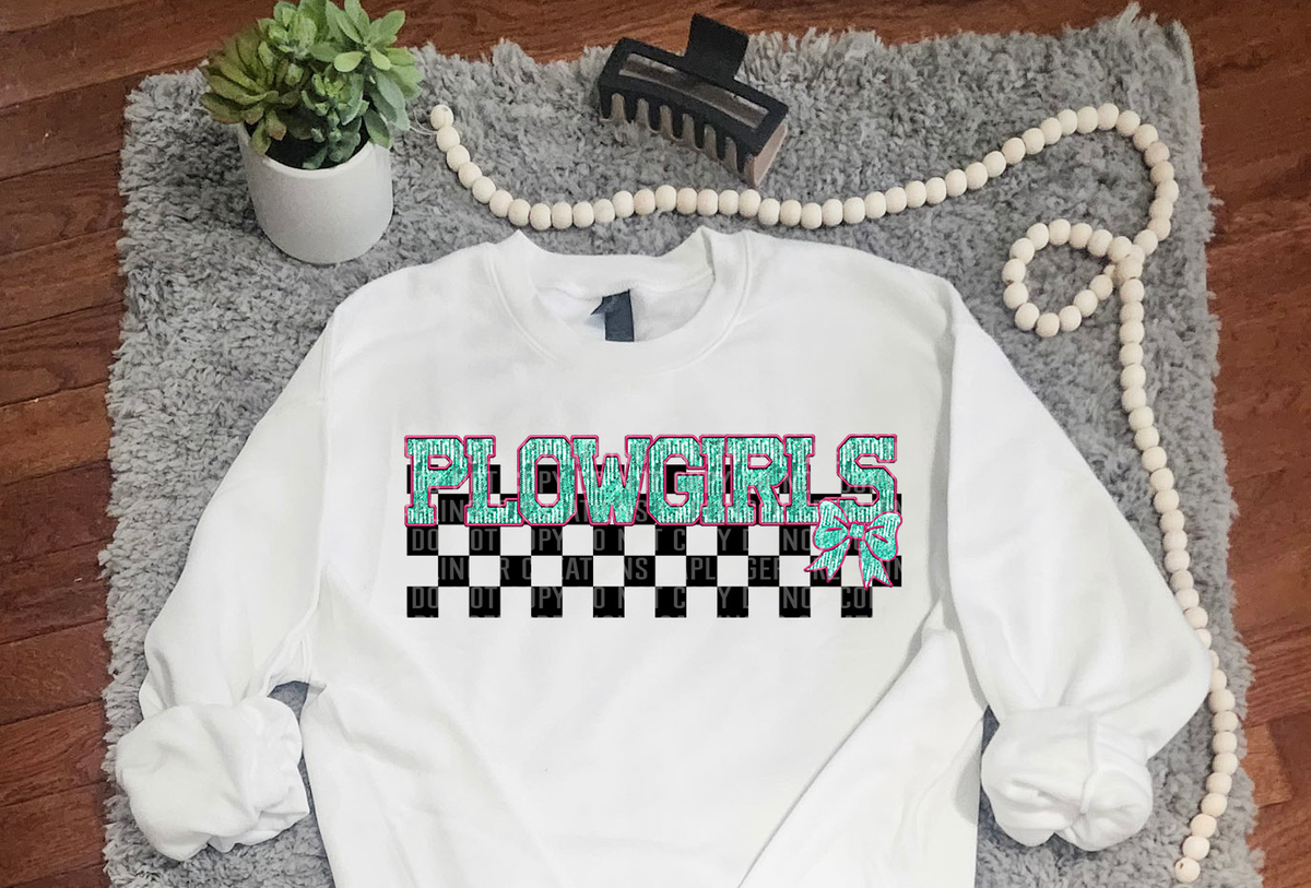 Turquoise And Pink Faux Embroidery Plowgirls 74106 DTF Transfer