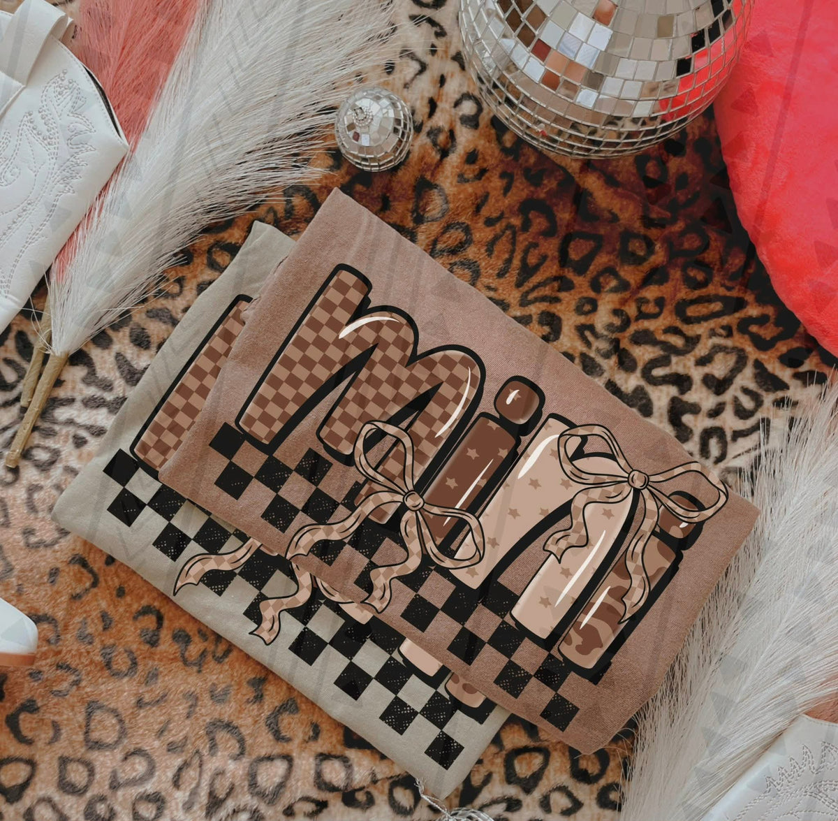 Mini with tan checker bow (TGG) DTF TRANSFER