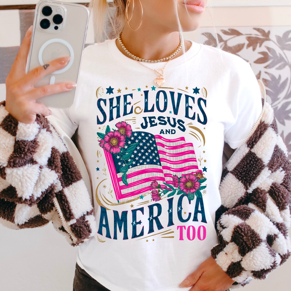 She’s lives Jesus and America too pink flag 97653 DTF transfer