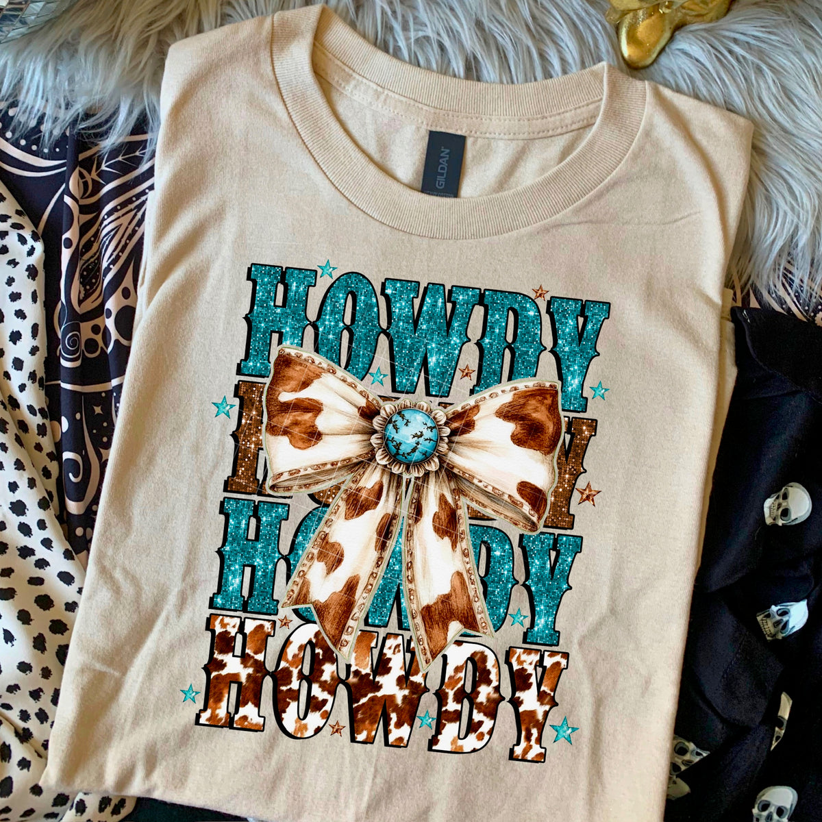 Howdy Teal and Cowprint Bow 110809 DTF transfer