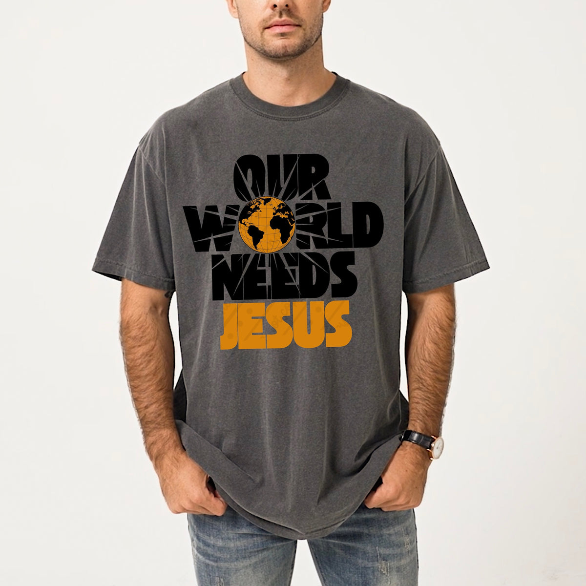 Our world needs jesus (black and yellow) DTF Transfer