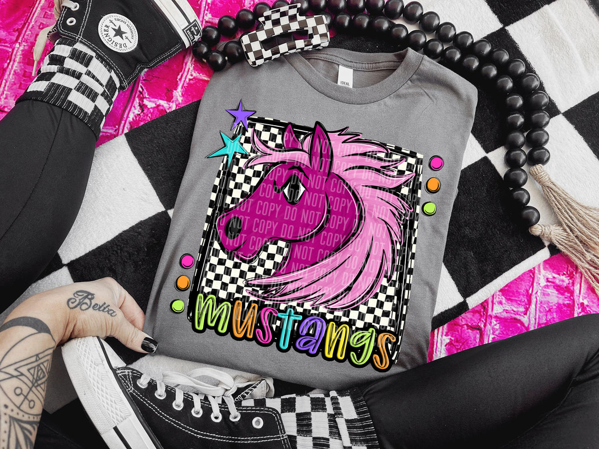Checkered Preppy Bright Mustangs Pink (Caplinger) DTF transfer