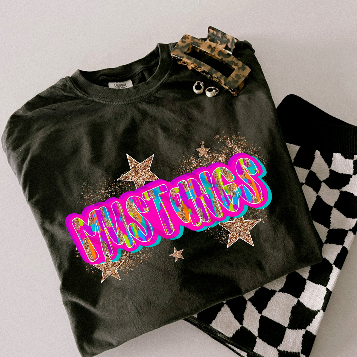 Mustangs Rainbow Mascot glitter gold stars scarlow 110377 DTF transfer