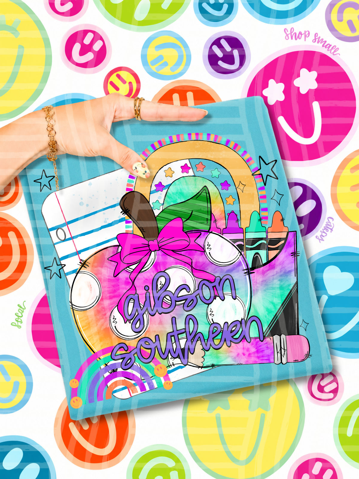 gibson southern tie dye apple with white dots and school stuff (CAPLINGER) DTF Transfer