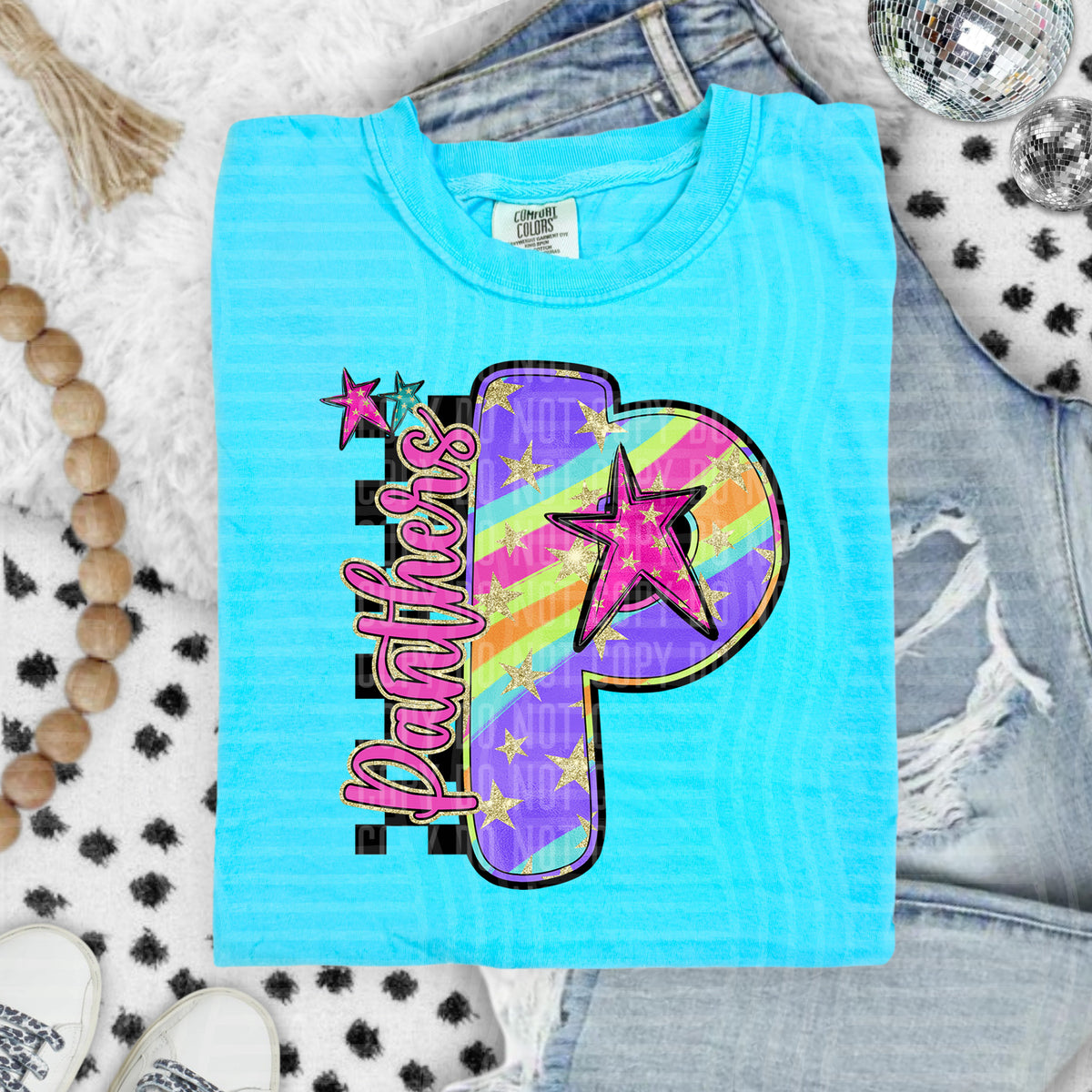 Panthers Colorful Retro Rainbow Letter P With Stars And Checker 108134 DTF transfer