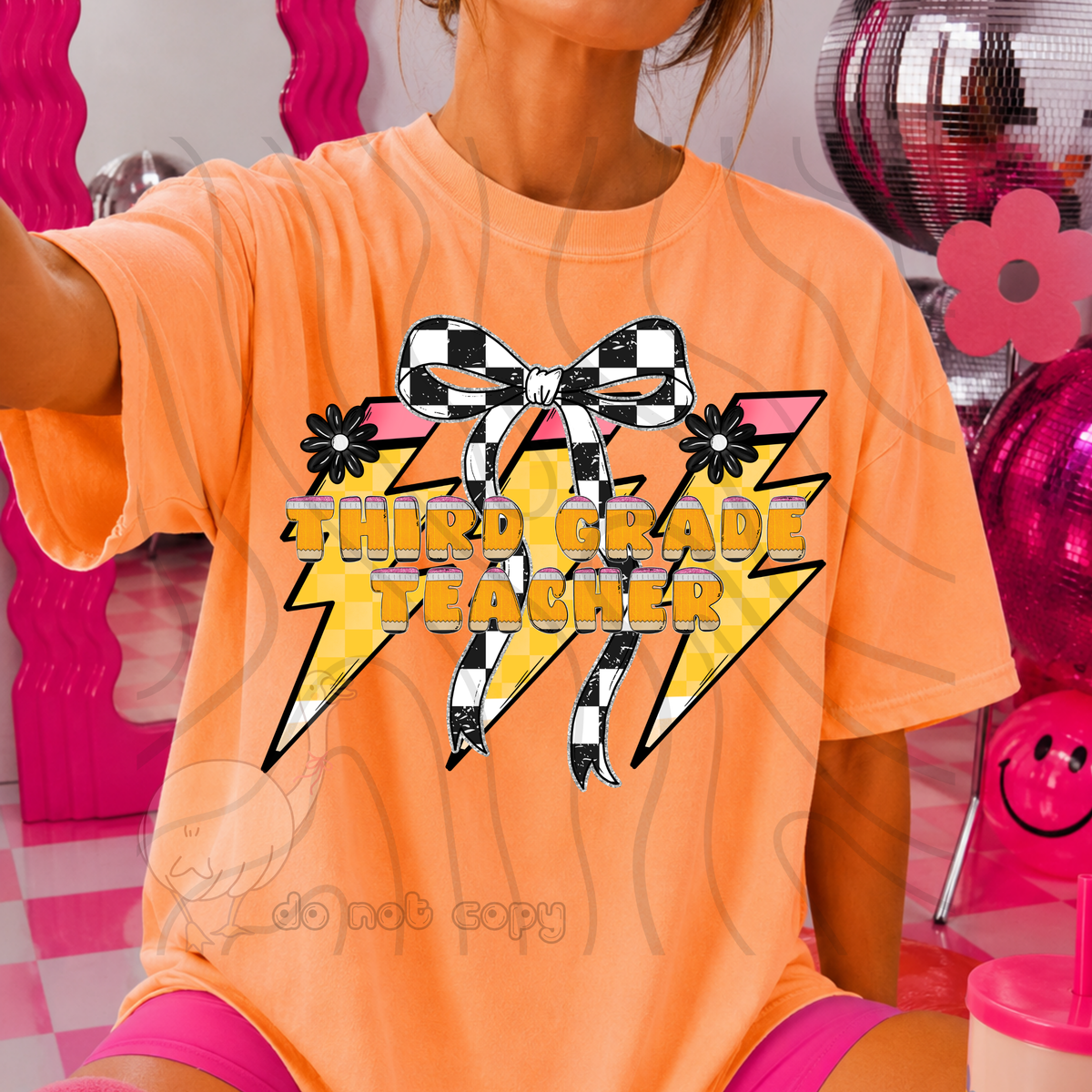 third grade teacher 49 lightening bolt black/white bow occupation (dkdbk) DTF transfer