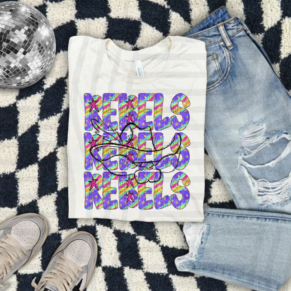 Rebels Hat Colorful Word Stacked With Stars 108591 DTF Transfer