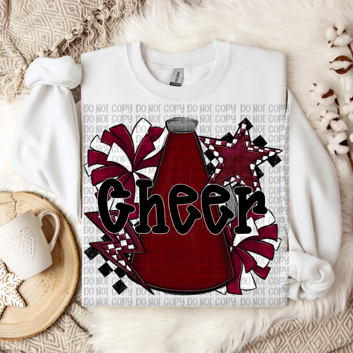 Cheer black words MAROON megaphone and pom poms VP DTF transfer