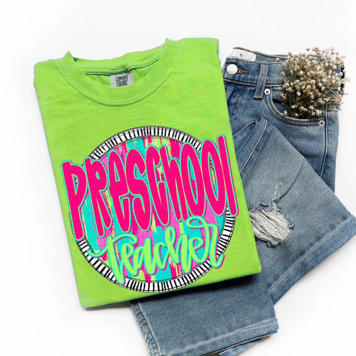 Preschool teacher pink font circle 106204 DTF transfer