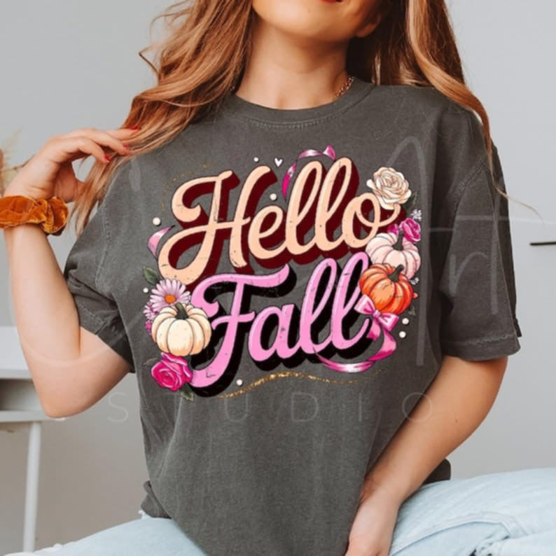 Hello Fall pink with pumpkins bows DTF transfer