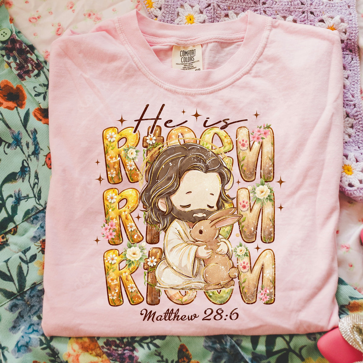 He is risen Jesus and bunny with dark brown words DTF Transfer