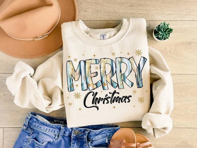 Merry Christmas blue and gold brushstroke 67618 DTF transfer