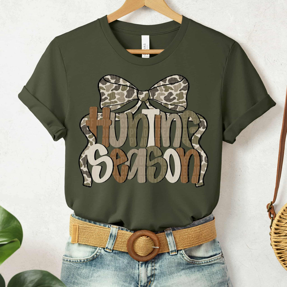Hunting season camo bow brown, cream, green lettering SDD DTF transfer