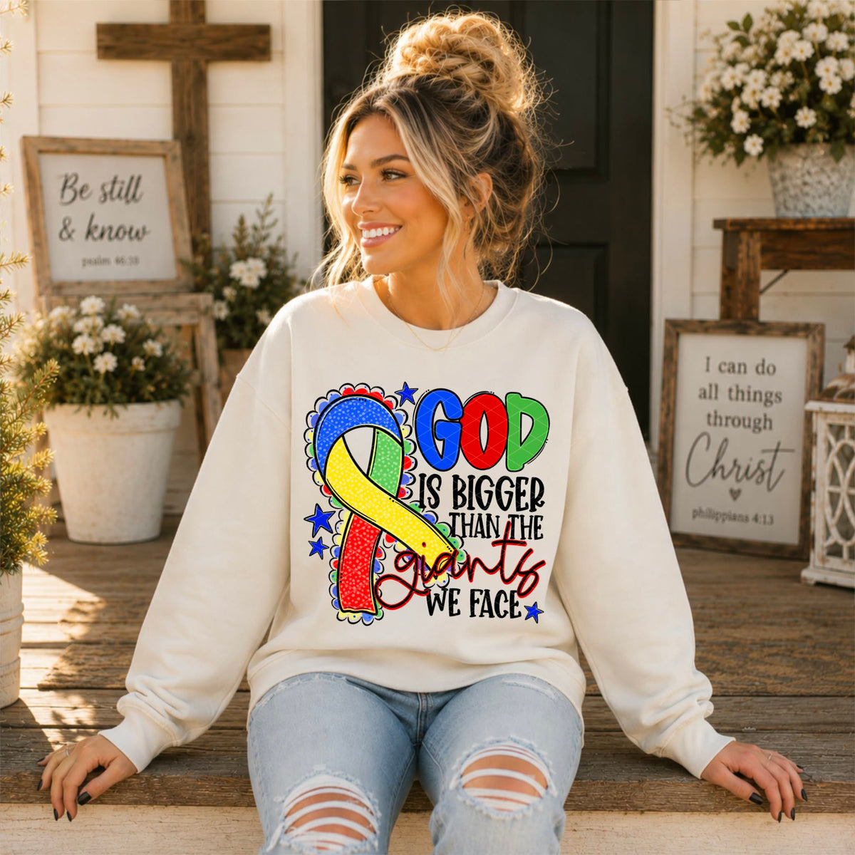 God is bigger than the giants we face RED YELLOW GREEN BLUE  ribbon (SDD) DTF Transfer