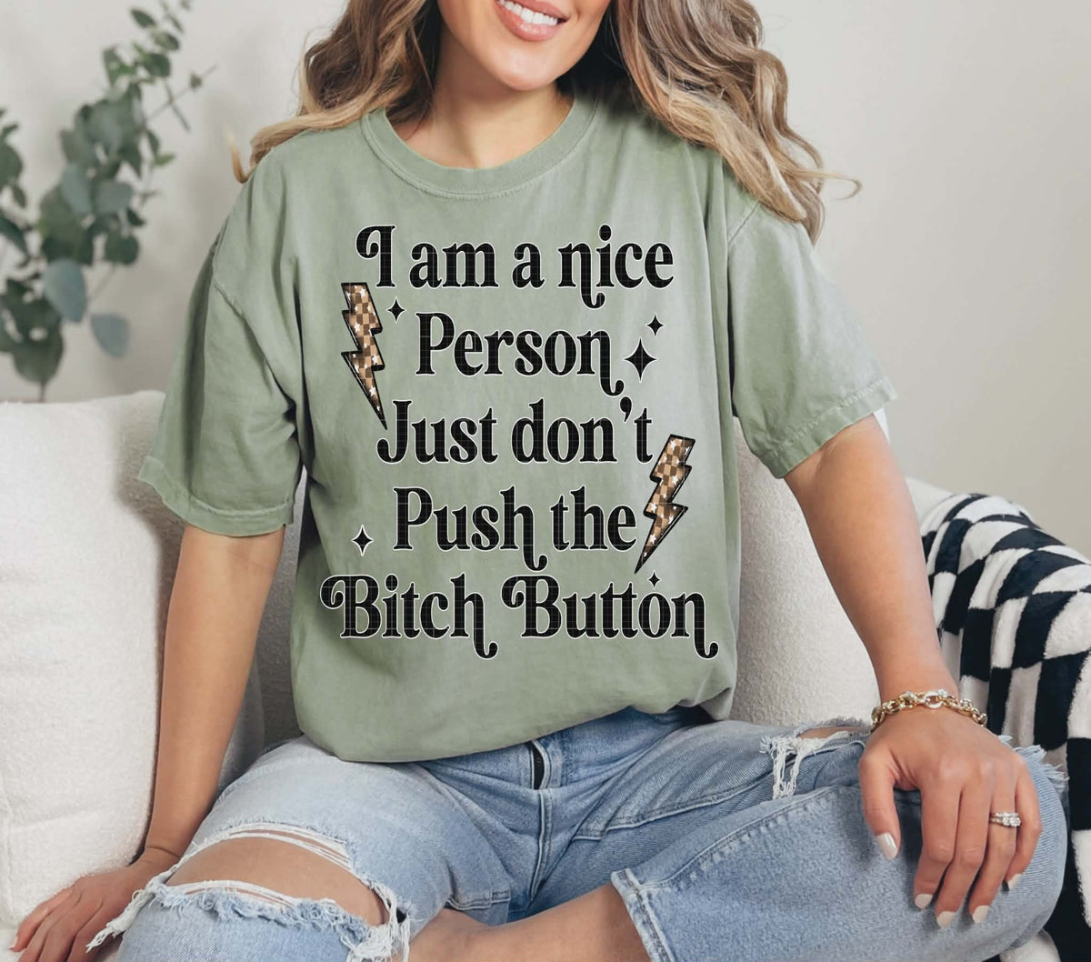 Bitch button with lightning bolts (Linda) DTF Transfer