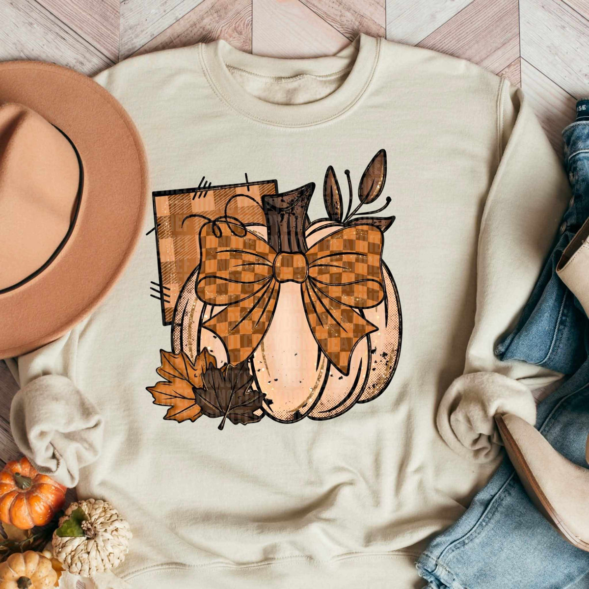 Cream pumpkin checkered bow plaid (SDD) DTF transfer