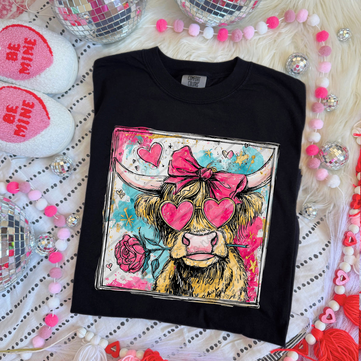 Highland cow with heart eyes DTF transfer