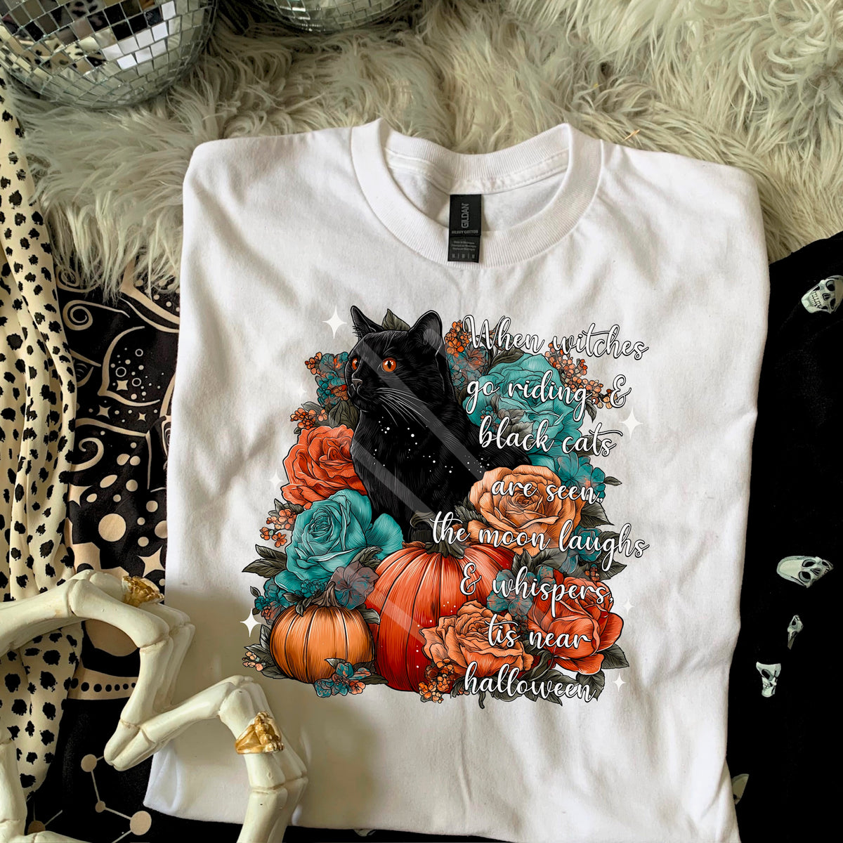 Black Cat with teal and orange roses 110747 DTF transfer