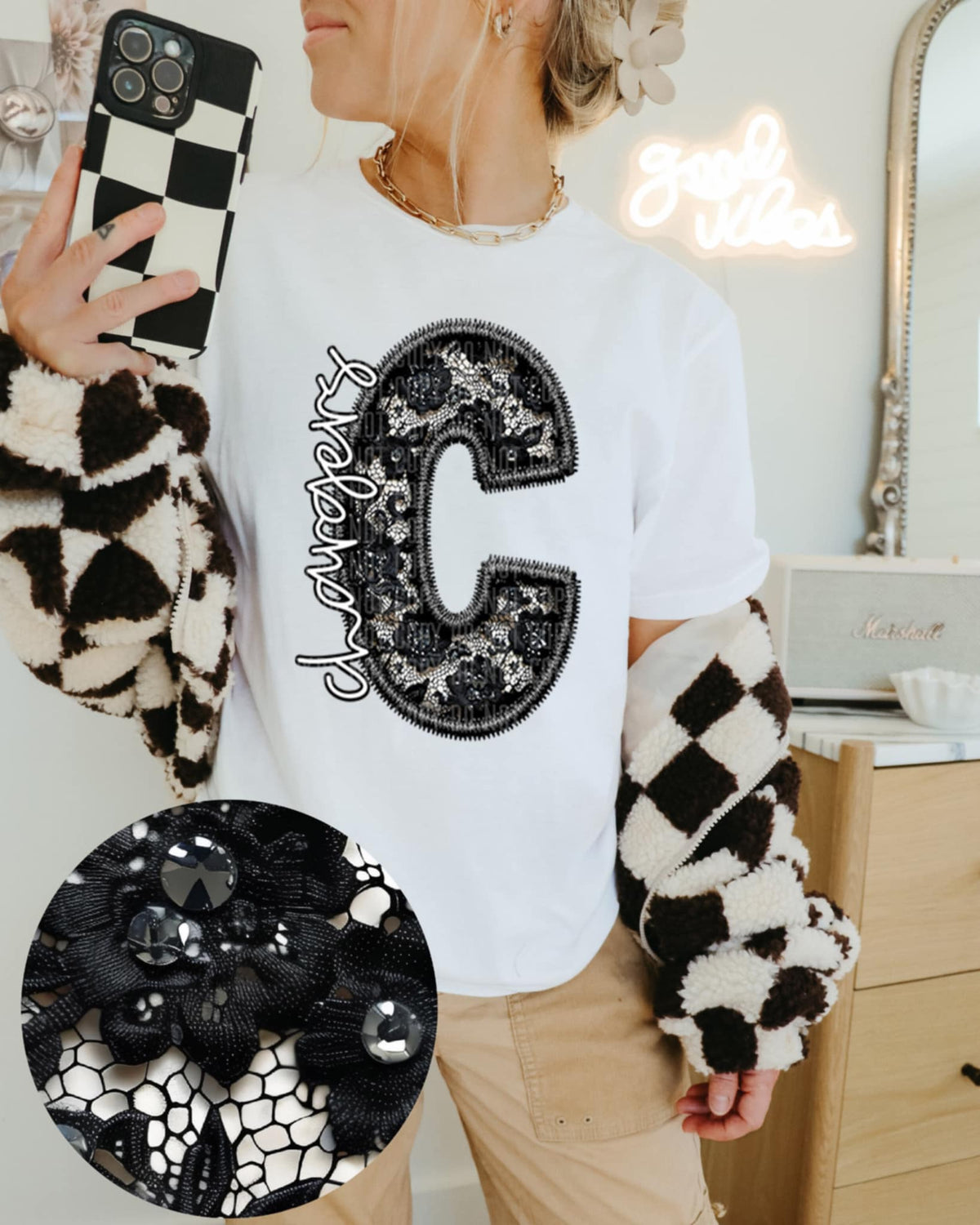 C chargers lace letter (Caplinger) 90092 DTF transfer