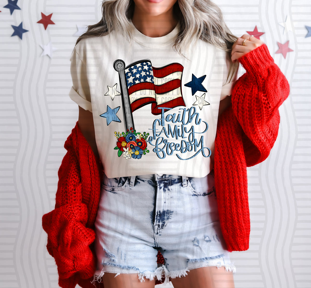 faith family freedom American flag and blue stars (caplinger) DTF Transfer