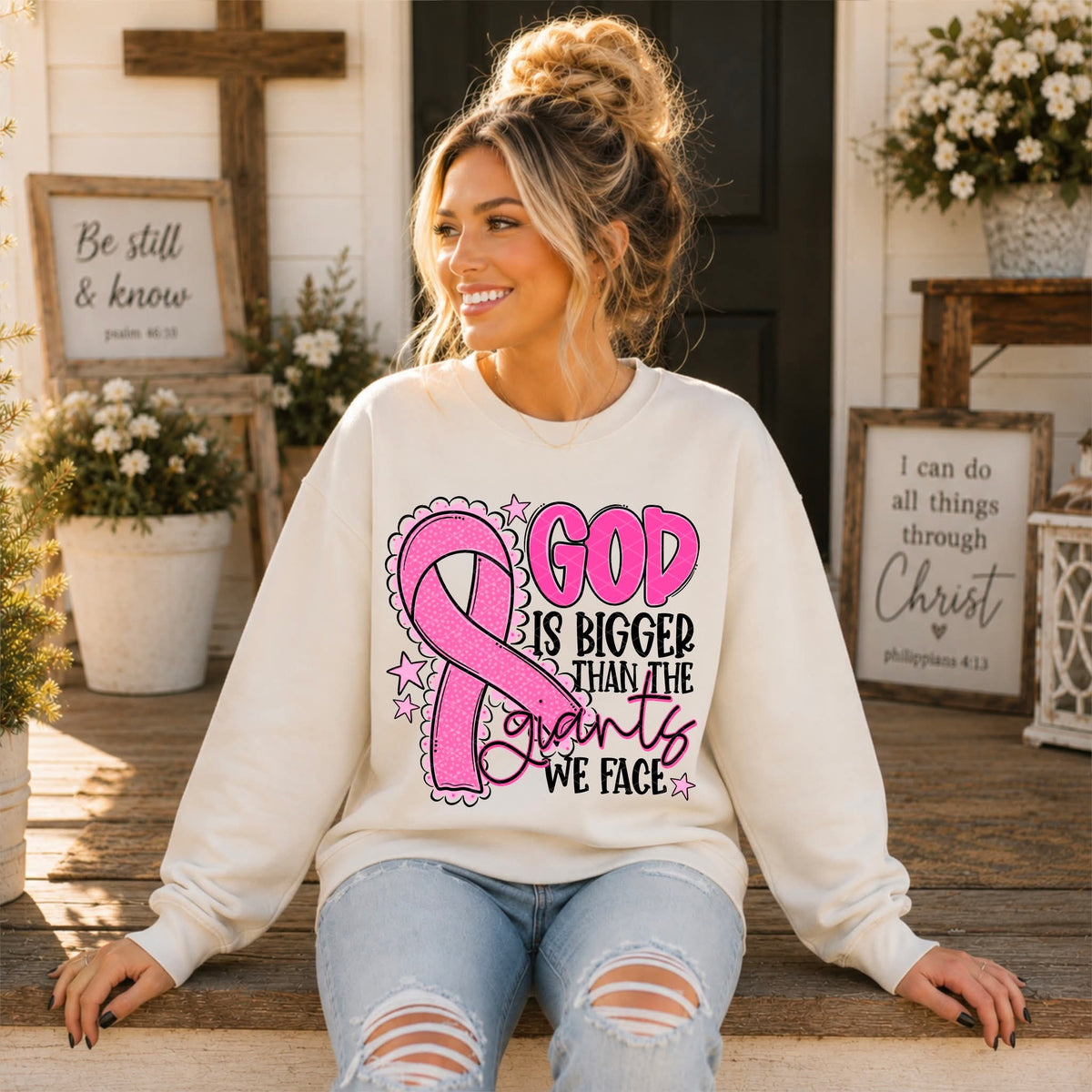 God is bigger than the giants we face pink writing SUNDAY SPECIAL DTF transfer